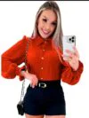 Blusa Feminina Elegante Manga Bufante Terracota Social Chic Moda 2026 Roupa Feminina Tendência