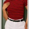 Blusa Feminina Tecido Canelado Manga Curta Listrada