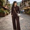 CONJUNTO COMFY FEMININO OUTONO/INVERNO: CALÇA PANTALONA, CINTURA ALTA COM ELÁSTICO E BLUSA LANZINHA