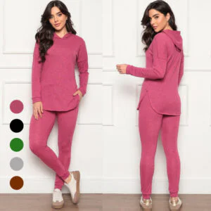 Conjunto Lãzinha Feminino Inverno Calça e Blusa com Capuz Lanzinha Frio Quentinho Abrigo 2 peças