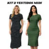 Kit 2 Vestidos Midi Listrado Feminino com Fenda Lateral Várias Cores Casual Moderno Moda Feminina