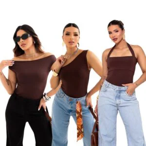 Kit 3 Blusas Femininas Suplex Premium – Ombro a Ombro, Um Ombro Só e Halter Moda Feminina