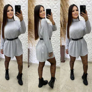Vestido Feminino Lãzinha Gola Alta Cacharrel Manga Longa Poncho Max Blusão Vestido Curto Inverno Moda Feminina Casual Co