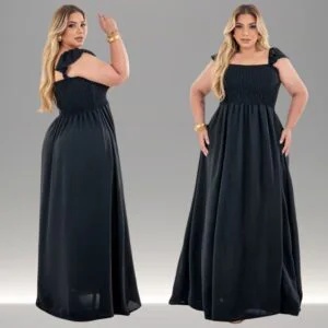 Vestido Femino Longo Crepe Dunas Alça Babado Plus Size Moda Moda Evangélica Casual Moda Maior Confortável Leve Comprido