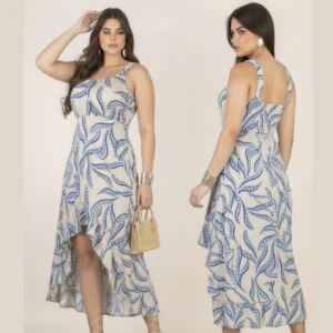 Vestido Midi Feminino Estampado com Babado e Alça Elegante Leve e Confortável Moda Verão Moda Feminina Tendência