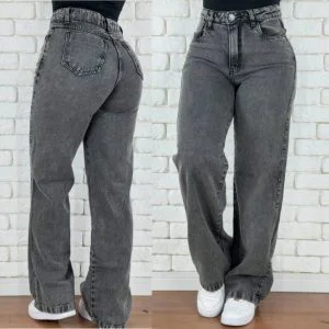 Calça Jeans Feminina Wide Leg Marmorizada Cintura Alta Empina Bumbum