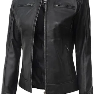 Jaqueta de couro feminina – Cafe Racer Jaqueta de couro de cordeiro legítimo para motocicleta