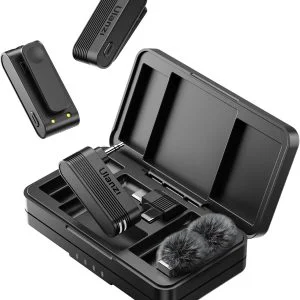 ULANZI A100 Microfone de lapela sem fio Microfone de lapela para câmera e telefone com USB C/3,5 mm/plugue, 32KHz 16Bit, cancelamento de ruído, bateria de 13,5 horas