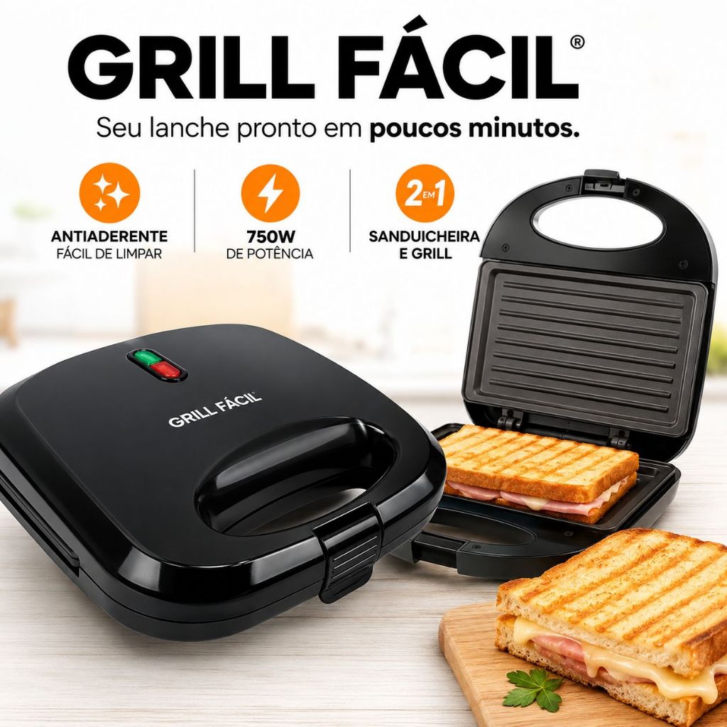 Grill Fácil® Sanduicheira Elétrica Grill 2 em 1 Antiaderente 750W Prensa Dupla 127V Compacta Fácil de Limpar