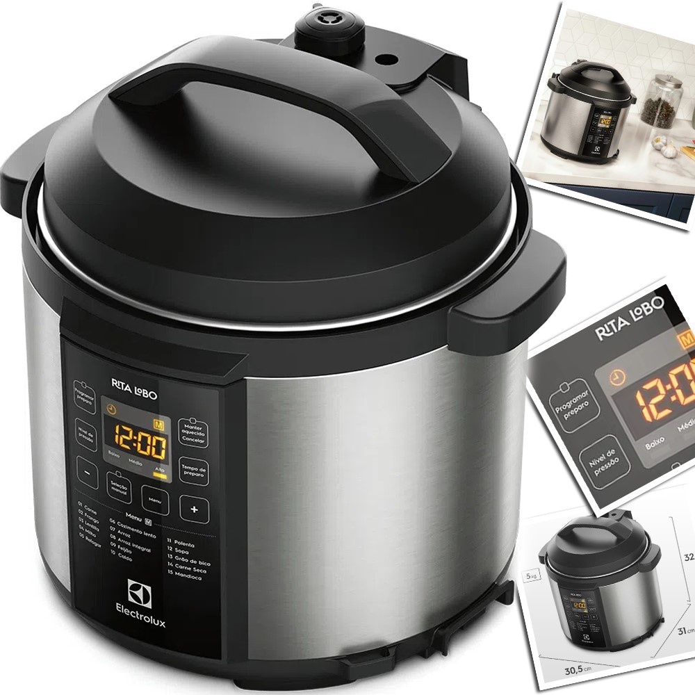 Panela Pressao Elétrica 6L Electrolux pcc20 Antiaderente Preta Experience por Rita Lobo Aço Escovado