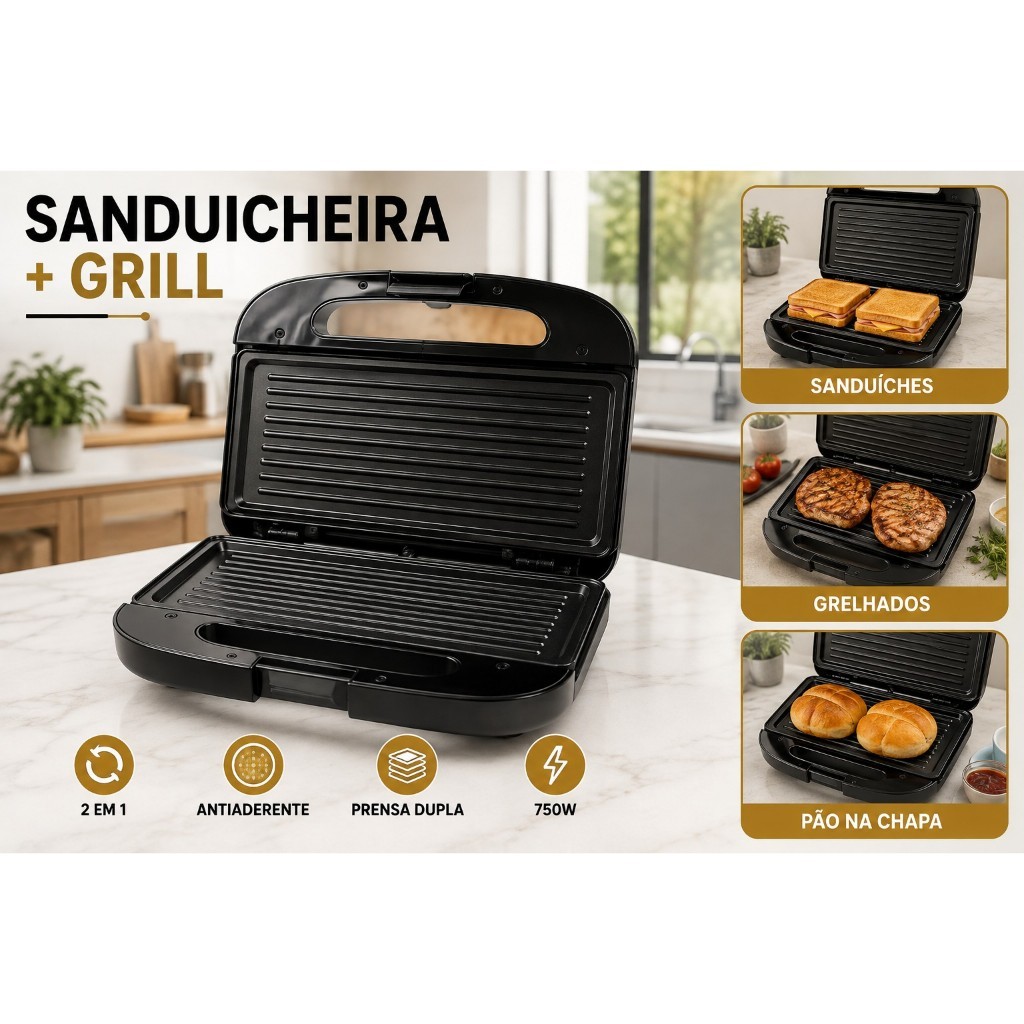 Sanduicheira Grill Elétrica 2 Em 1 - 750W - 220V Antiaderente Prensa Dupla, sanduicheira, grill, elétrica, 2em1, 750W
