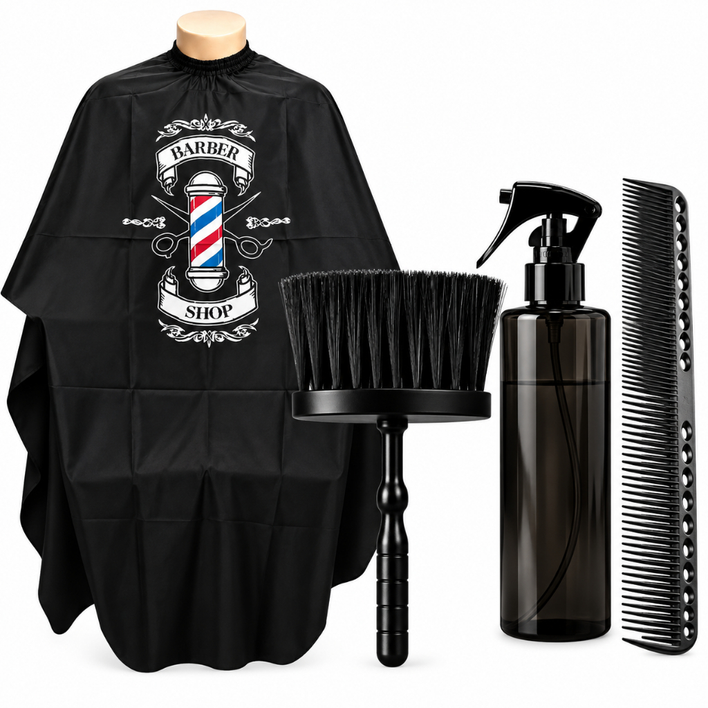 Kit Barbeiro Profissional Capa De Corte + Borrifador + Pente Carbono + Espanador Profissional