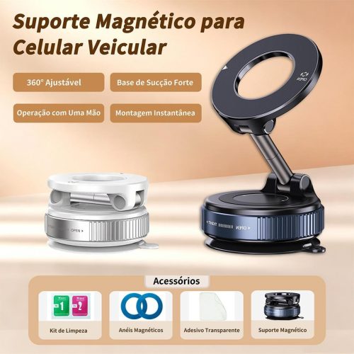 Suporte Magnético para Telefone 360 a Vácuo Ajustável