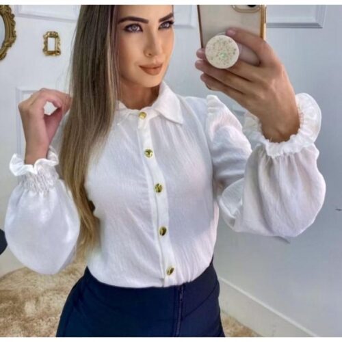 Blusa Feminina Moda Social Manga Longa Elegante Branca