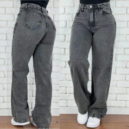 Wide Leg Jeans Feminina Marmorizada Cintura Alta