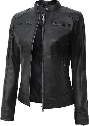 Jaqueta Feminina de Couro Legítimo Cordeiro Cafe Racer