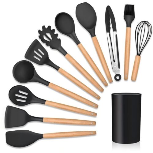 Utensílios para cozinha em silicone e bambu kit 12 peças